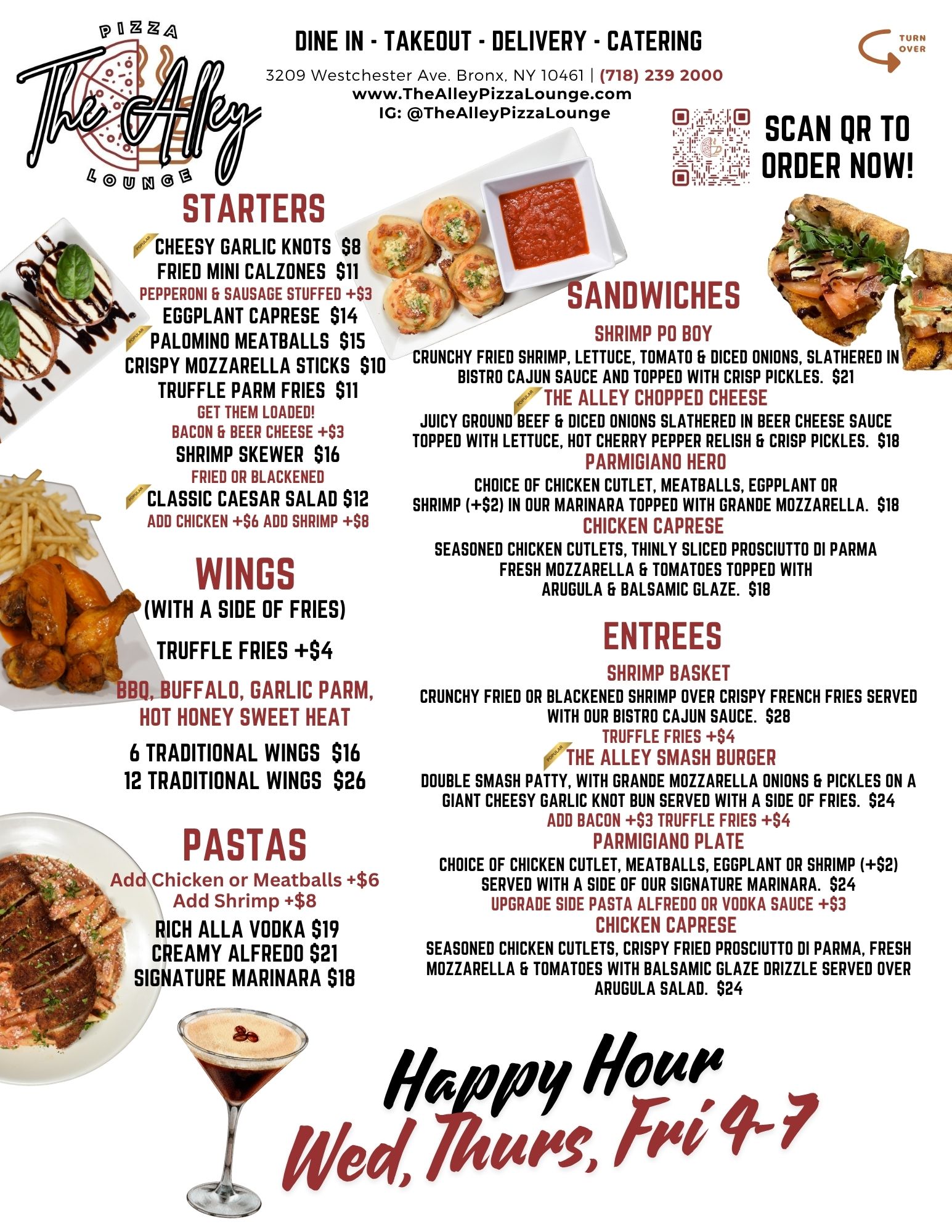 Starters, Wings, Pastas Menu